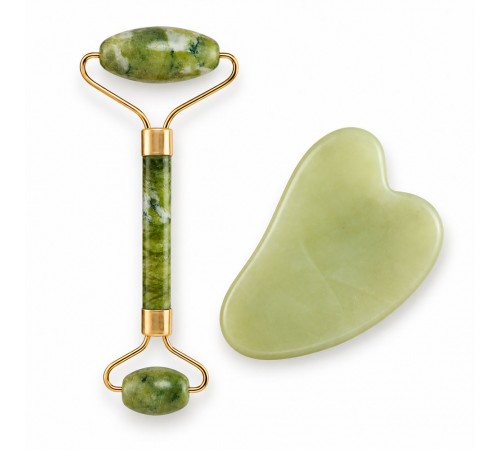Jade kasvohierontasetti – Jaderulla + Gua Sha, vihreä